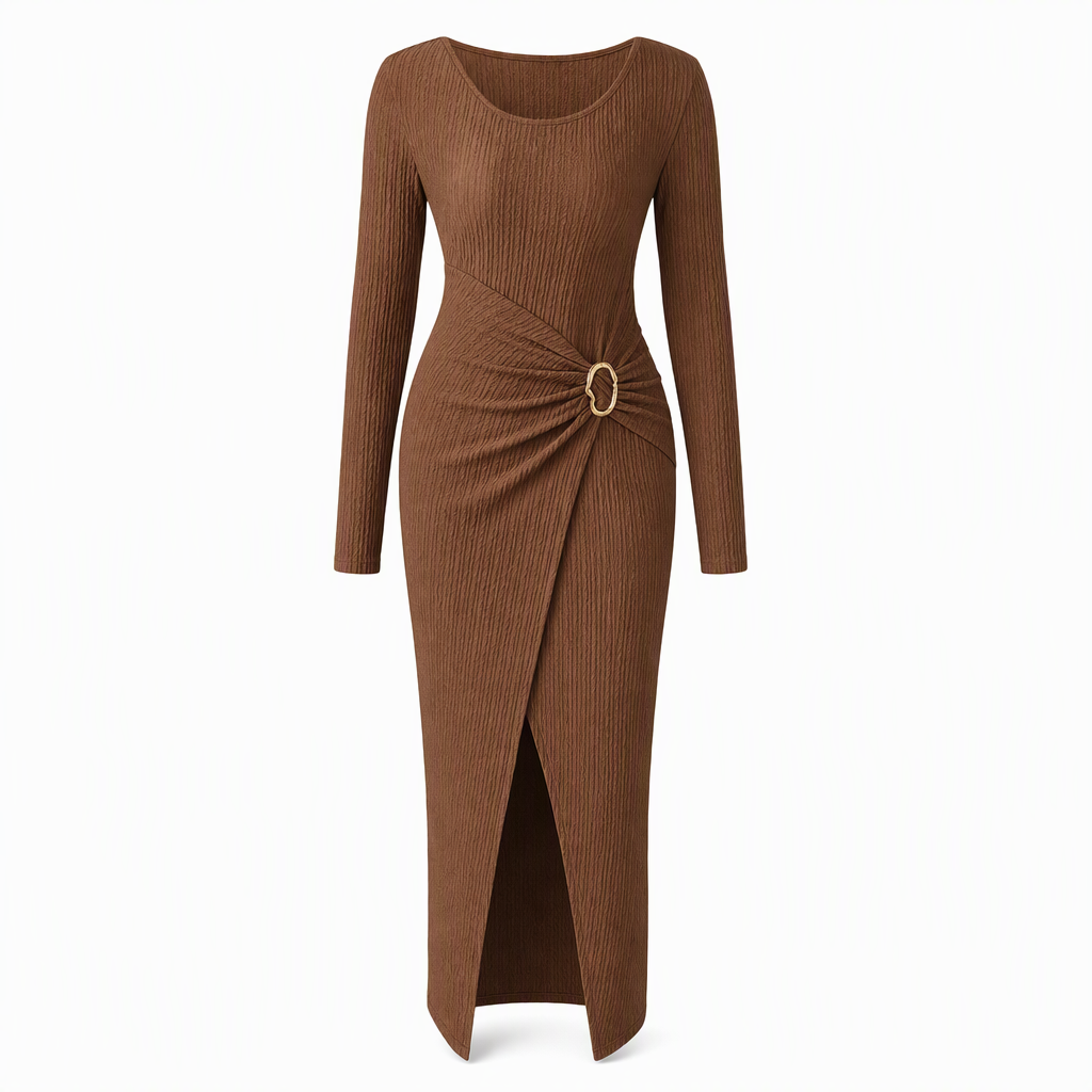 Damen Herbst Winter Einfarbiges Stricktextur Langes Kleid mit Unregelmäßigem Ausschnitt