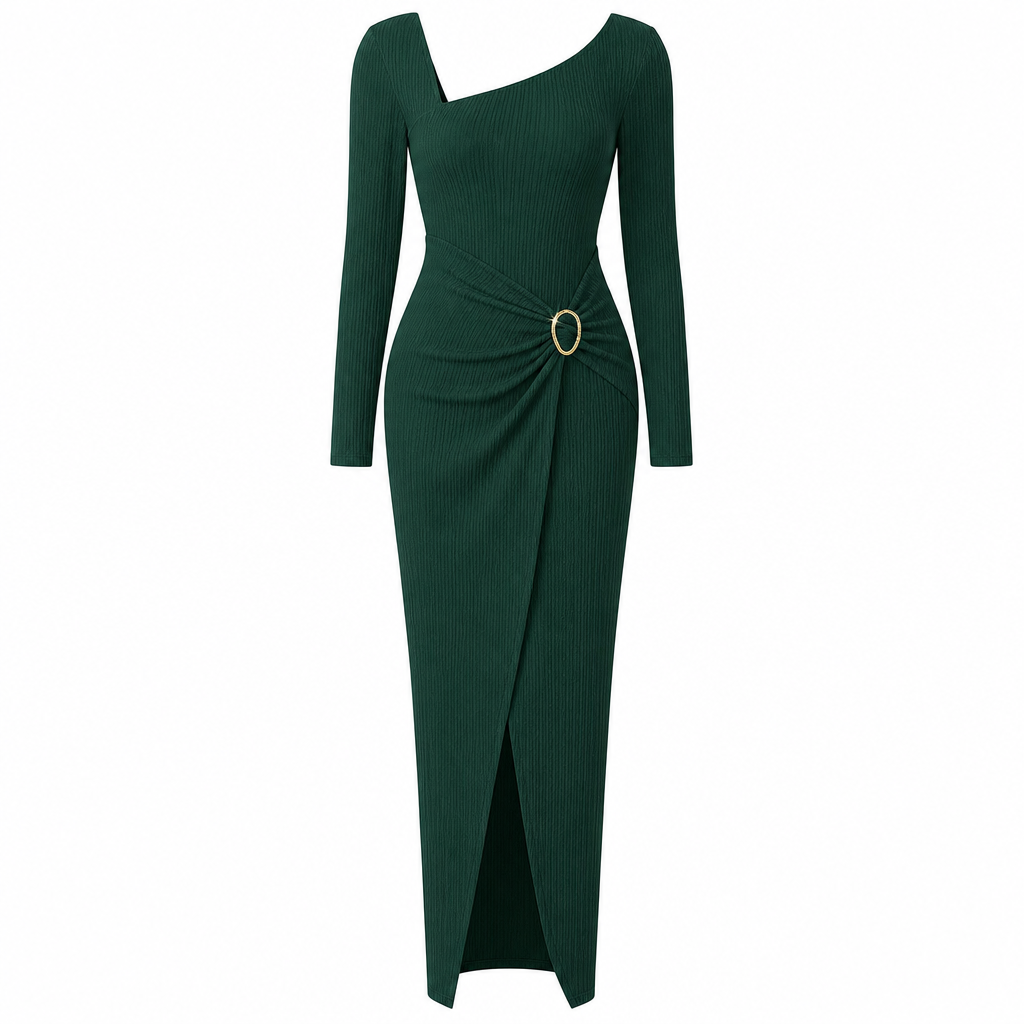Damen Herbst Winter Einfarbiges Stricktextur Langes Kleid mit Unregelmäßigem Ausschnitt