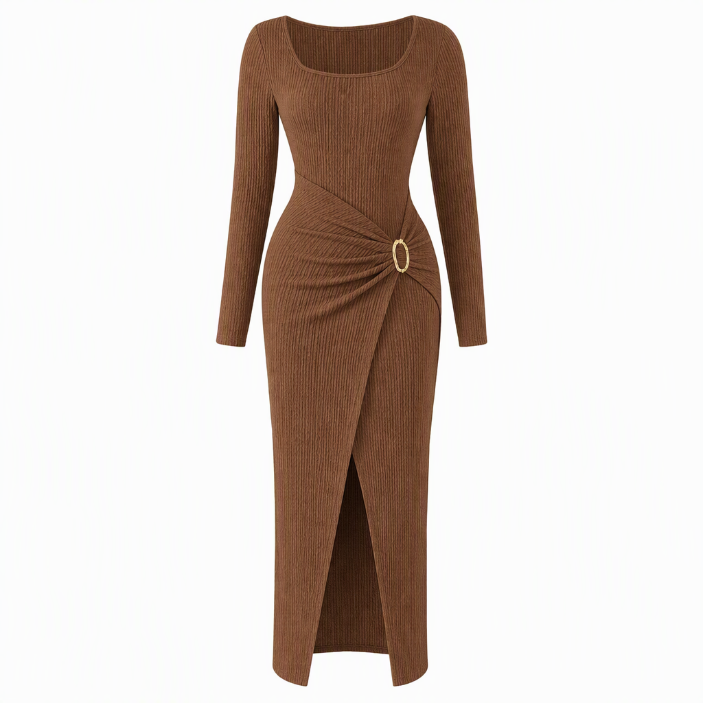 Damen Herbst Winter Einfarbiges Stricktextur Langes Kleid mit Unregelmäßigem Ausschnitt