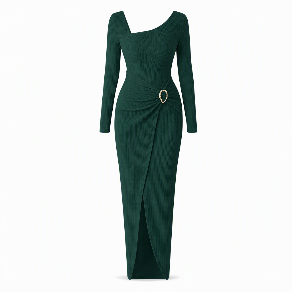 Damen Herbst Winter Einfarbiges Stricktextur Langes Kleid mit Unregelmäßigem Ausschnitt