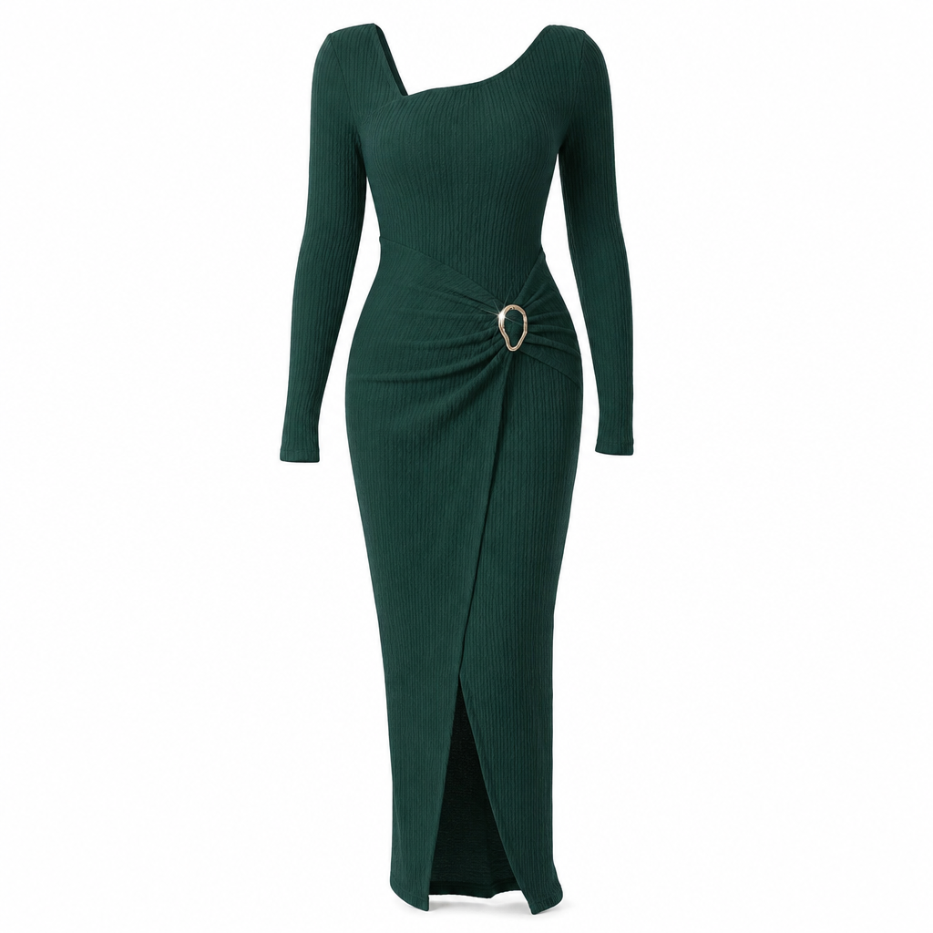 Damen Herbst Winter Einfarbiges Stricktextur Langes Kleid mit Unregelmäßigem Ausschnitt