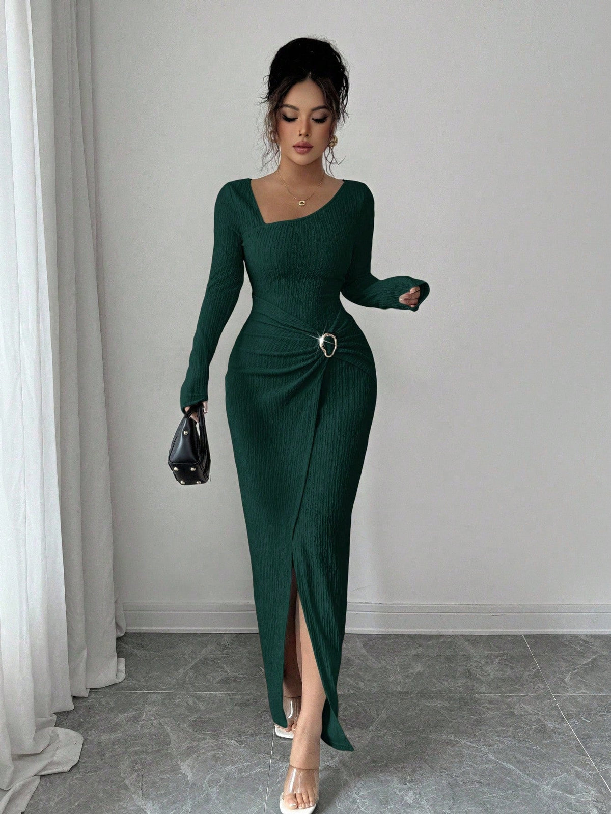 Damen Herbst Winter Einfarbiges Stricktextur Langes Kleid mit Unregelmäßigem Ausschnitt