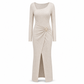 Damen Herbst Winter Einfarbiges Stricktextur Langes Kleid mit Unregelmäßigem Ausschnitt