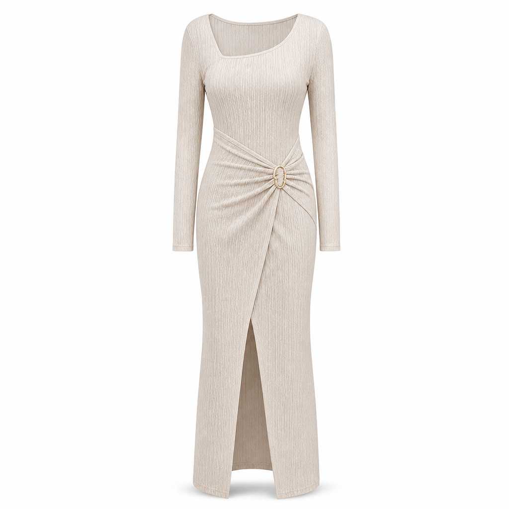 Damen Herbst Winter Einfarbiges Stricktextur Langes Kleid mit Unregelmäßigem Ausschnitt