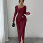 Damen Herbst Winter Einfarbiges Stricktextur Langes Kleid mit Unregelmäßigem Ausschnitt