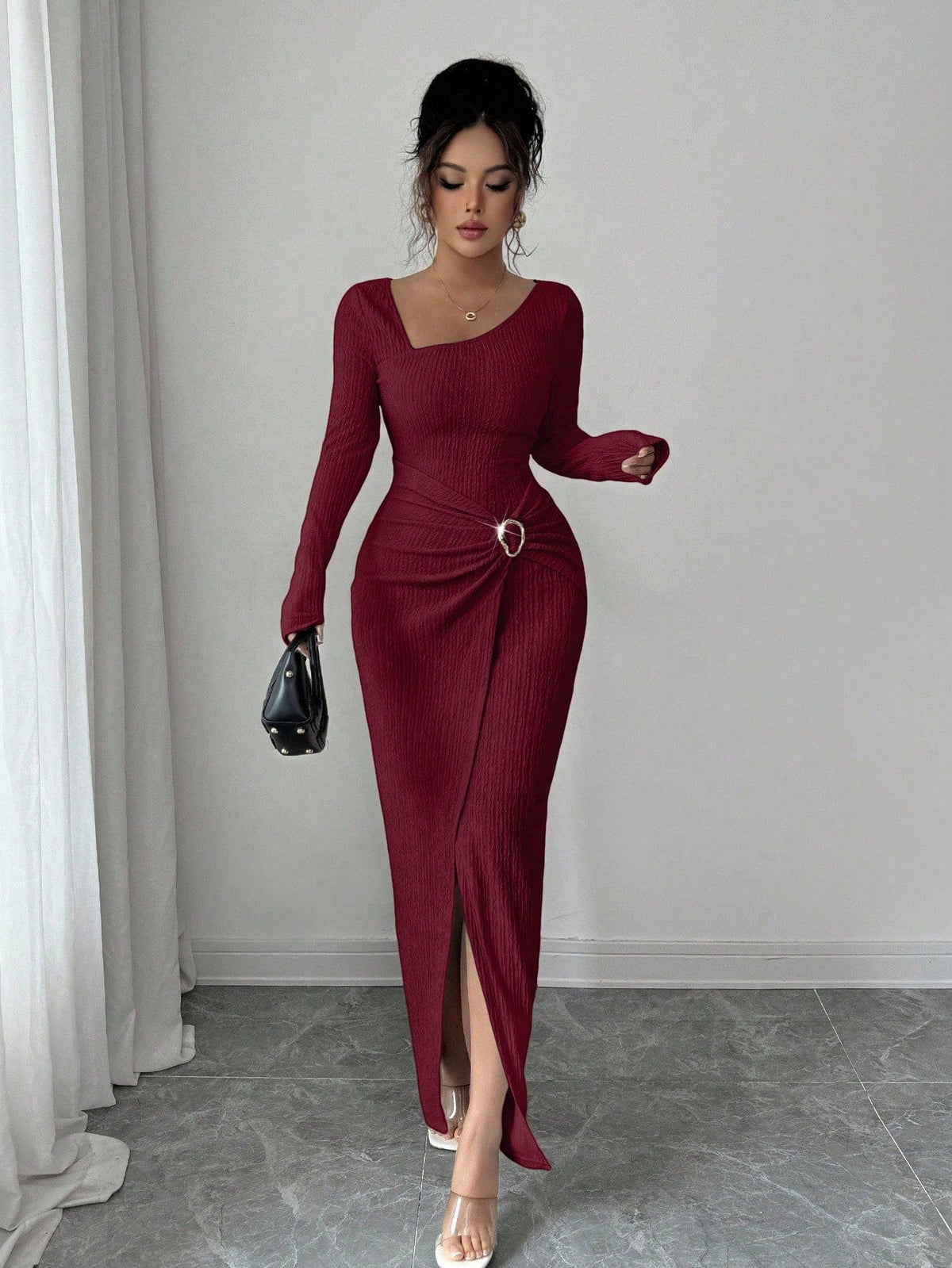 Damen Herbst Winter Einfarbiges Stricktextur Langes Kleid mit Unregelmäßigem Ausschnitt