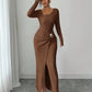 Damen Herbst Winter Einfarbiges Stricktextur Langes Kleid mit Unregelmäßigem Ausschnitt