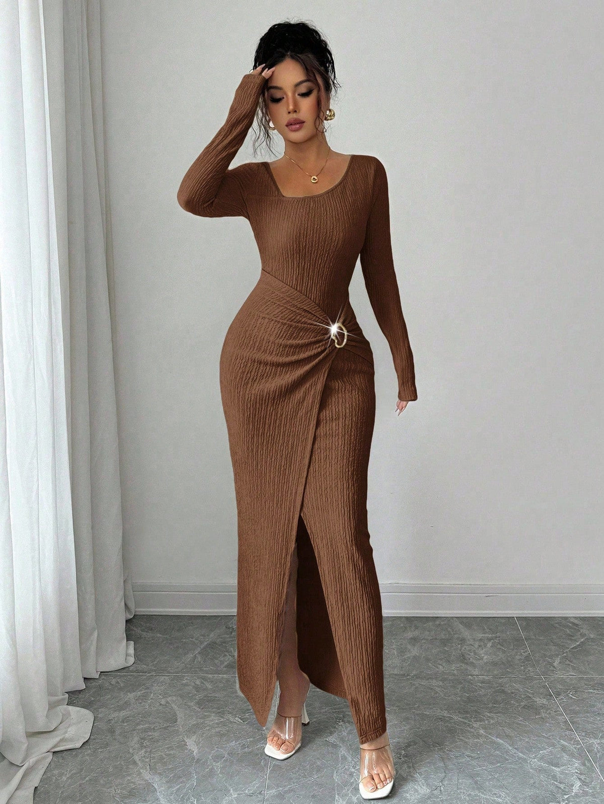 Damen Herbst Winter Einfarbiges Stricktextur Langes Kleid mit Unregelmäßigem Ausschnitt