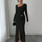 Damen Herbst Winter Einfarbiges Stricktextur Langes Kleid mit Unregelmäßigem Ausschnitt
