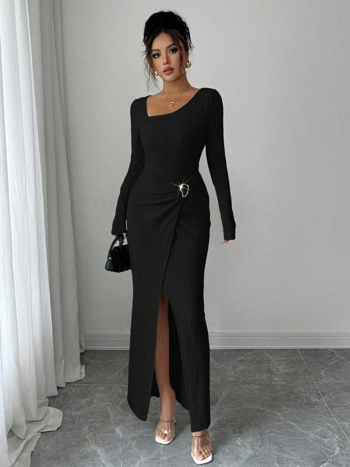 Damen Herbst Winter Einfarbiges Stricktextur Langes Kleid mit Unregelmäßigem Ausschnitt
