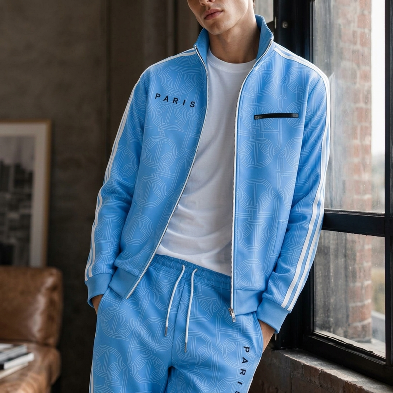 🔥Beliebtes Produkt ！✨Herren-Set mit geometrischem Muster, Jacke mit durchgehendem Reißverschluss und Hose