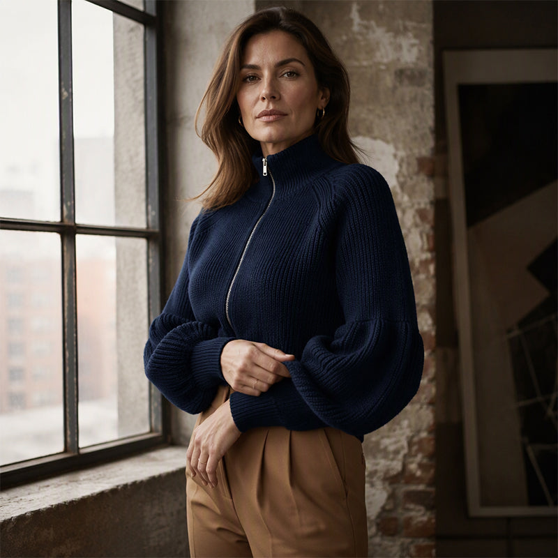 📢🎉50%Rabatt!!!🛍️✨Damen Strickpullover mit Laternenärmeln und Reißverschluss