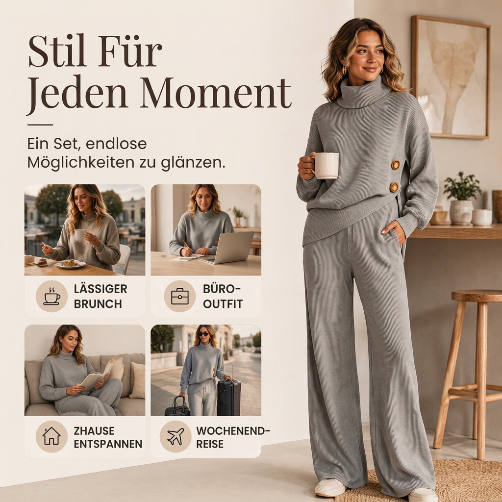 Damen-Strickset mit Rollkragenpullover und Wide-Leg-Hose
