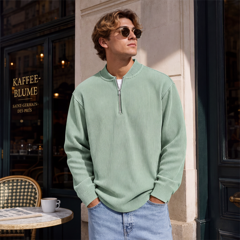 📢📢50%Rabatt!!!🎉✨Herren-Cord-Sweatshirt mit Viertelreißverschluss, lässiges Langarm-Oberteil mit Stehkragen