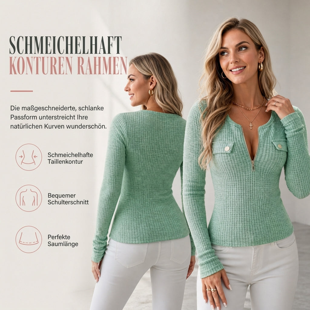 🌿 Feminin & modern – Halb-Zip Strickoberteil mit V-Ausschnitt – Weicher Stoff, moderner Schnitt & vielseitig kombinierbar