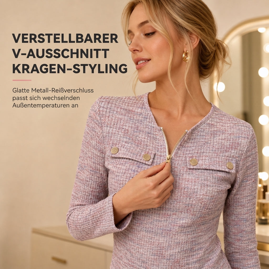 🌿 Feminin & modern – Halb-Zip Strickoberteil mit V-Ausschnitt – Weicher Stoff, moderner Schnitt & vielseitig kombinierbar