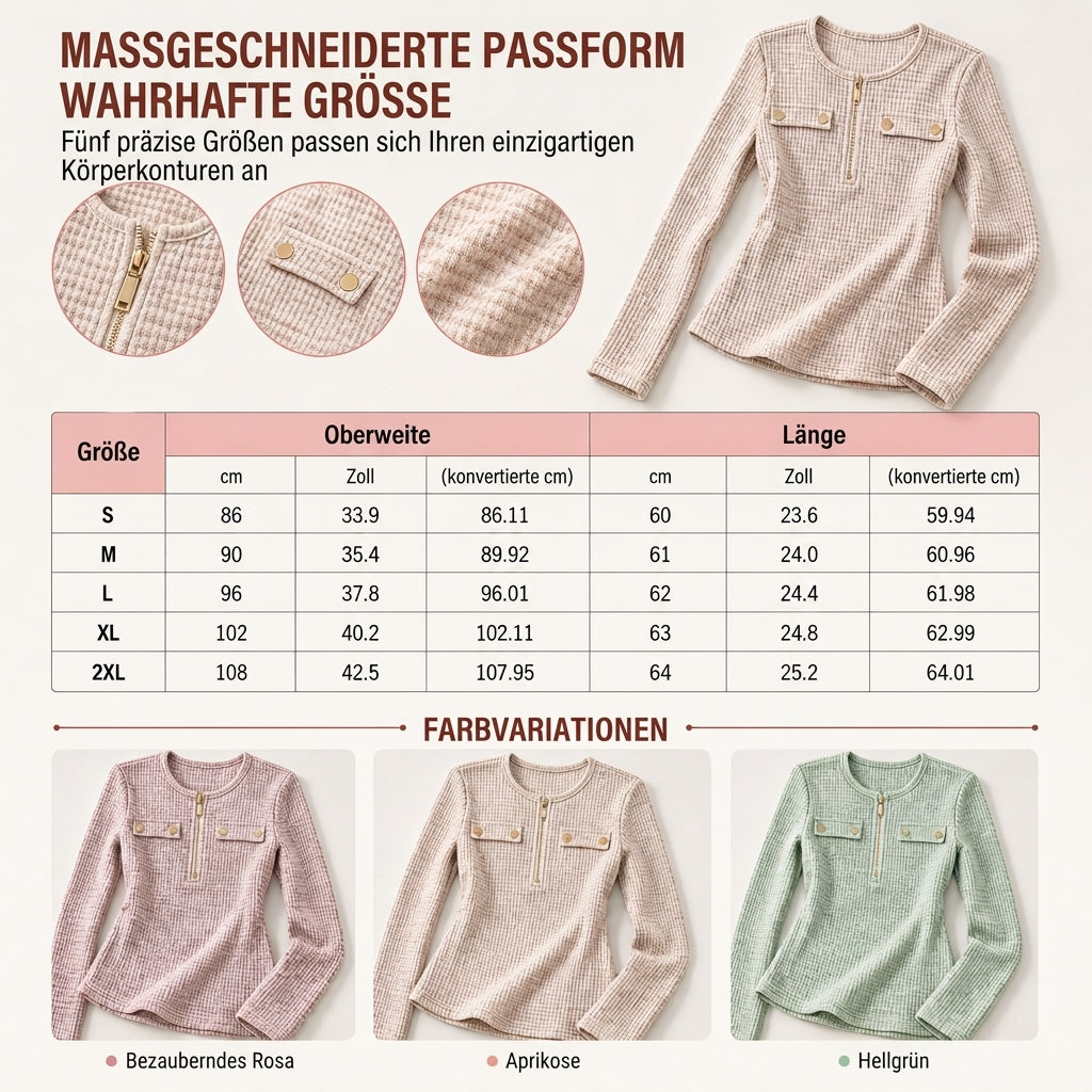 🌿 Feminin & modern – Halb-Zip Strickoberteil mit V-Ausschnitt – Weicher Stoff, moderner Schnitt & vielseitig kombinierbar