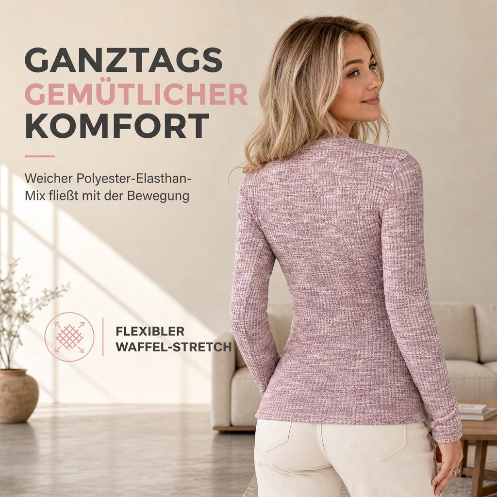 🌿 Feminin & modern – Halb-Zip Strickoberteil mit V-Ausschnitt – Weicher Stoff, moderner Schnitt & vielseitig kombinierbar