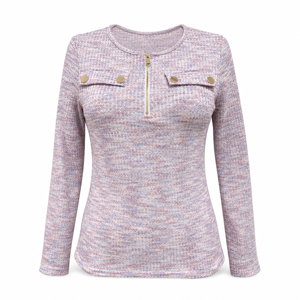 🌿 Feminin & modern – Halb-Zip Strickoberteil mit V-Ausschnitt – Weicher Stoff, moderner Schnitt & vielseitig kombinierbar