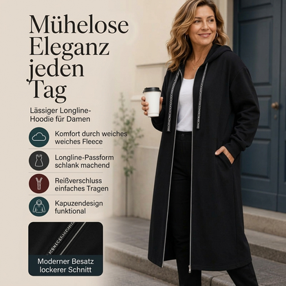 🧥 Lässige lang geschnittene Damen-Kapuzenjacke – Bequem, modern & immer passend