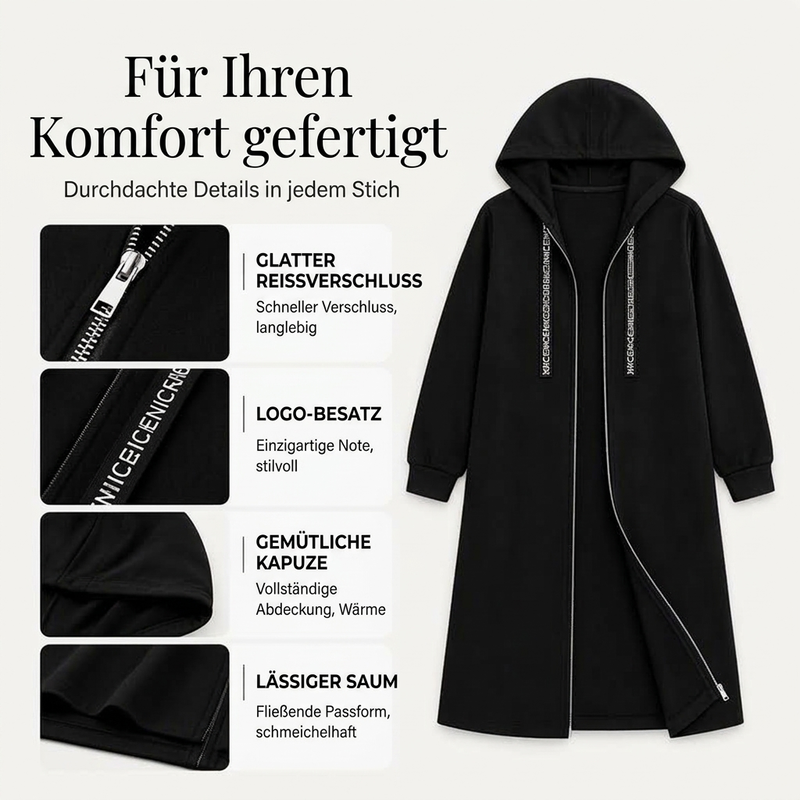 🧥 Lässige lang geschnittene Damen-Kapuzenjacke – Bequem, modern & immer passend