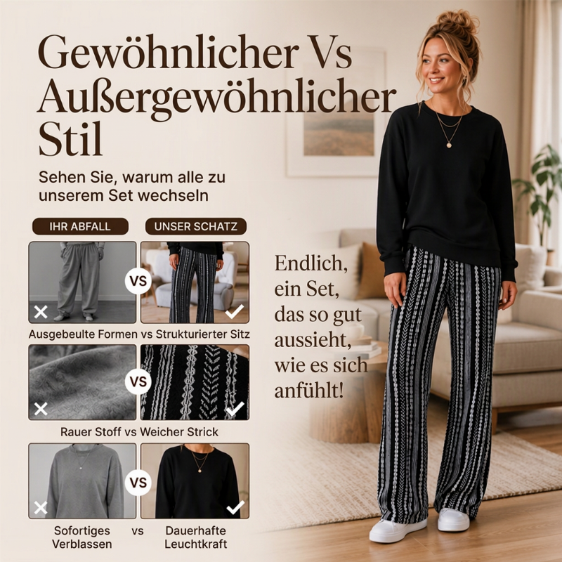 🌸 Freizeit-Oberteil mit Rundhals & bedruckte Hosen im Set – Lässig, bequem & immer passend