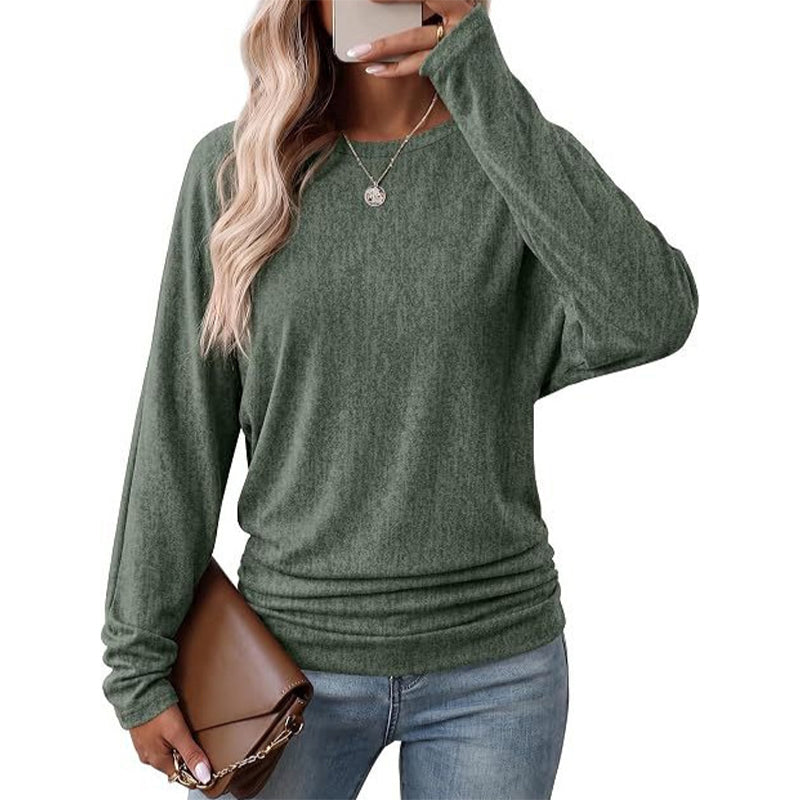 📢🎉50%Rabatt!!!🛍️✨Damen lässiger lockerer Rundhals Langarm Strickpullover mit herunterfallenden Schultern, Fledermausärmeln und seitlicher Rüschenoptik