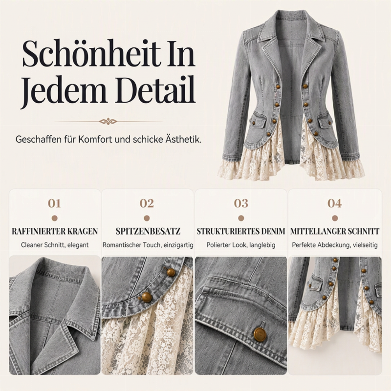 📢🎉50%Rabatt!!!🛍️✨Damen Jeansjacke mit Spitzenabschluss und Reverskragen