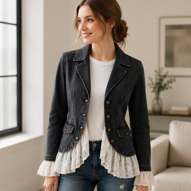 📢🎉50%Rabatt!!!🛍️✨Damen Jeansjacke mit Spitzenabschluss und Reverskragen
