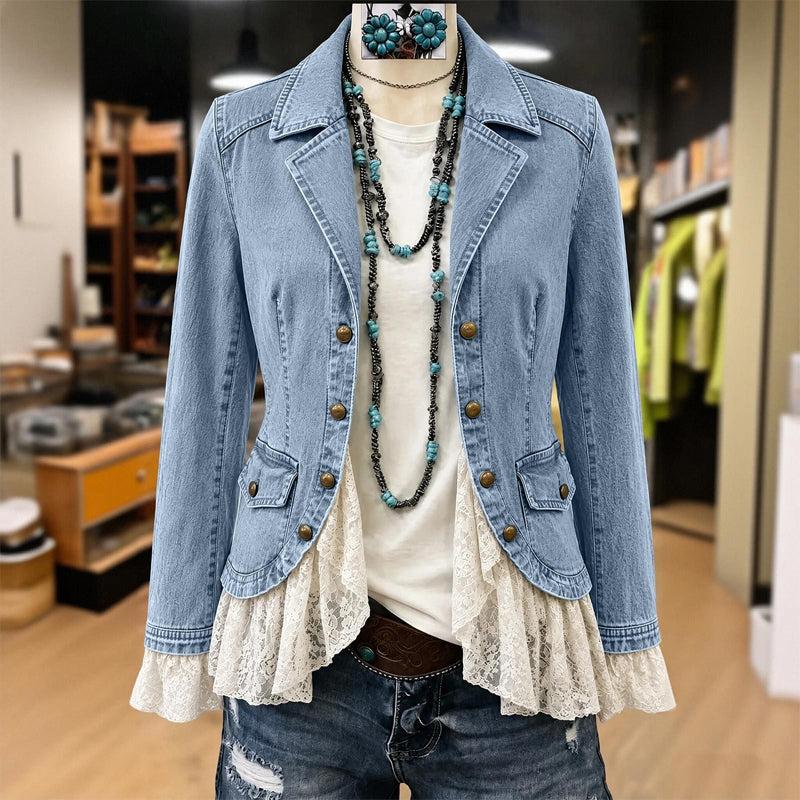 📢🎉50%Rabatt!!!🛍️✨Damen Jeansjacke mit Spitzenabschluss und Reverskragen