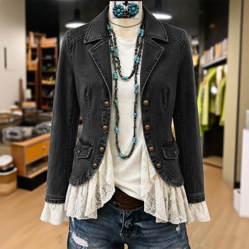 📢🎉50%Rabatt!!!🛍️✨Damen Jeansjacke mit Spitzenabschluss und Reverskragen