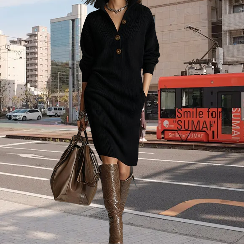 🔥Beliebtes Produkt ！✨Damen geripptes Strickkleid mit Hemdkragen und Knopfleiste