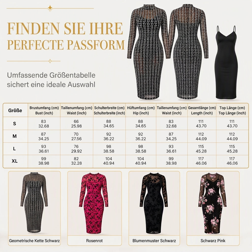 🔥Beliebtes Produkt ！✨2-Teiler Damen Kleid Set mit langärmligem, meshartigem und kettenbedrucktem Bodycon Midikleid und Unterkleid
