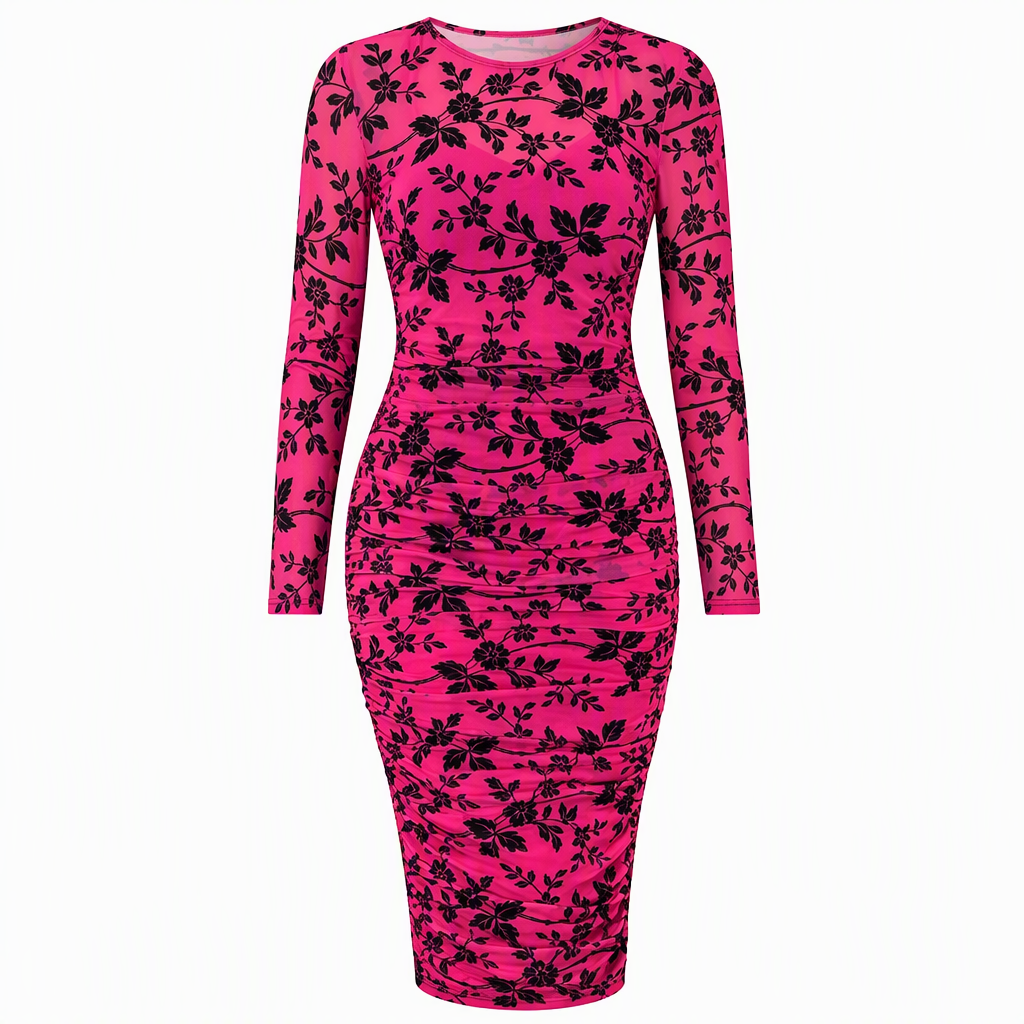 🔥Beliebtes Produkt ！✨2-Teiler Damen Kleid Set mit langärmligem, meshartigem und kettenbedrucktem Bodycon Midikleid und Unterkleid