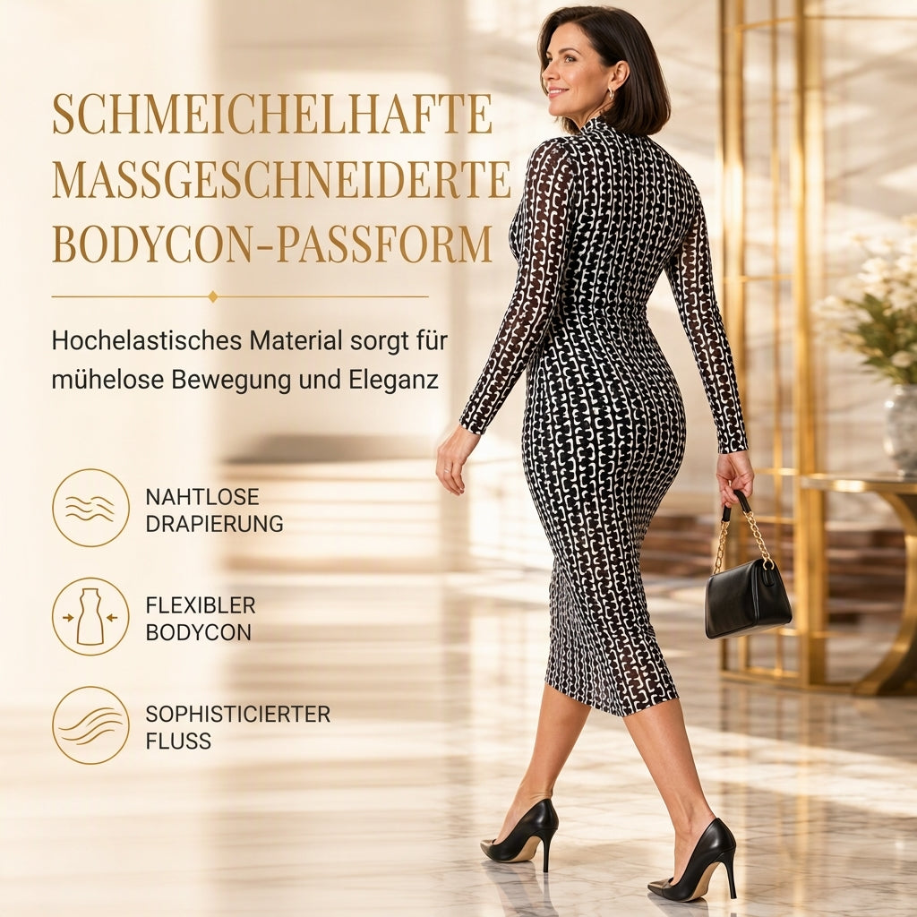 🔥Beliebtes Produkt ！✨2-Teiler Damen Kleid Set mit langärmligem, meshartigem und kettenbedrucktem Bodycon Midikleid und Unterkleid