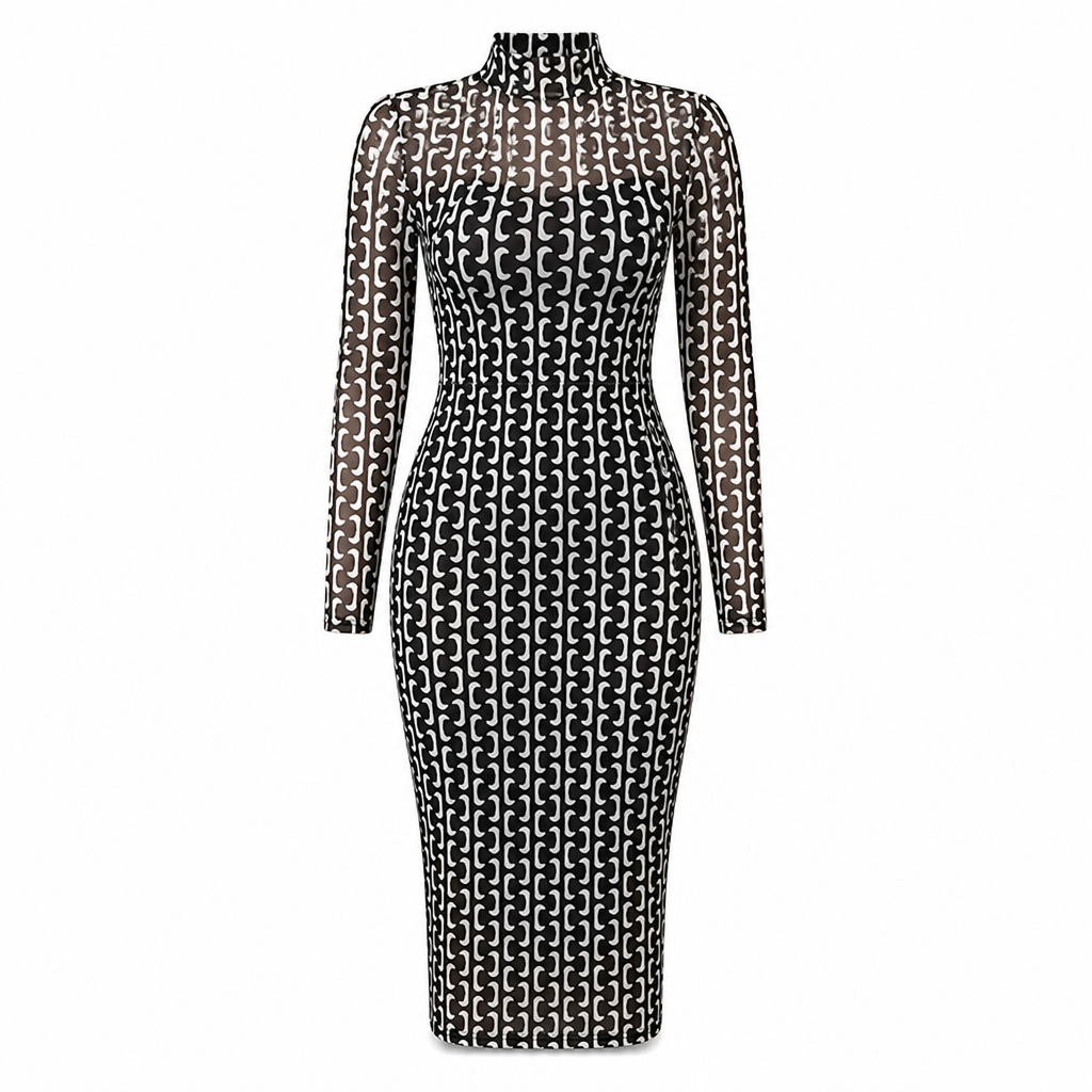 🔥Beliebtes Produkt ！✨2-Teiler Damen Kleid Set mit langärmligem, meshartigem und kettenbedrucktem Bodycon Midikleid und Unterkleid