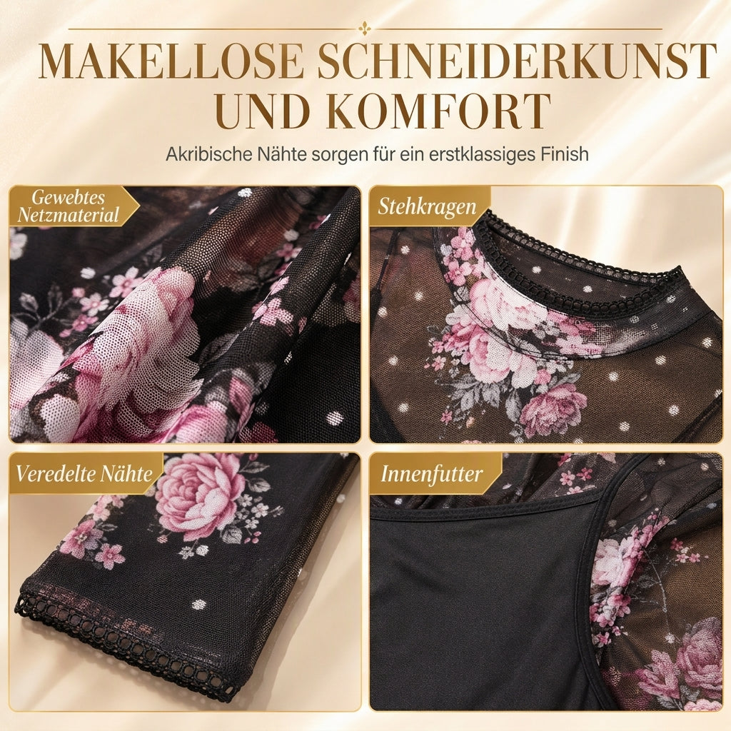 🔥Beliebtes Produkt ！✨2-Teiler Damen Kleid Set mit langärmligem, meshartigem und kettenbedrucktem Bodycon Midikleid und Unterkleid