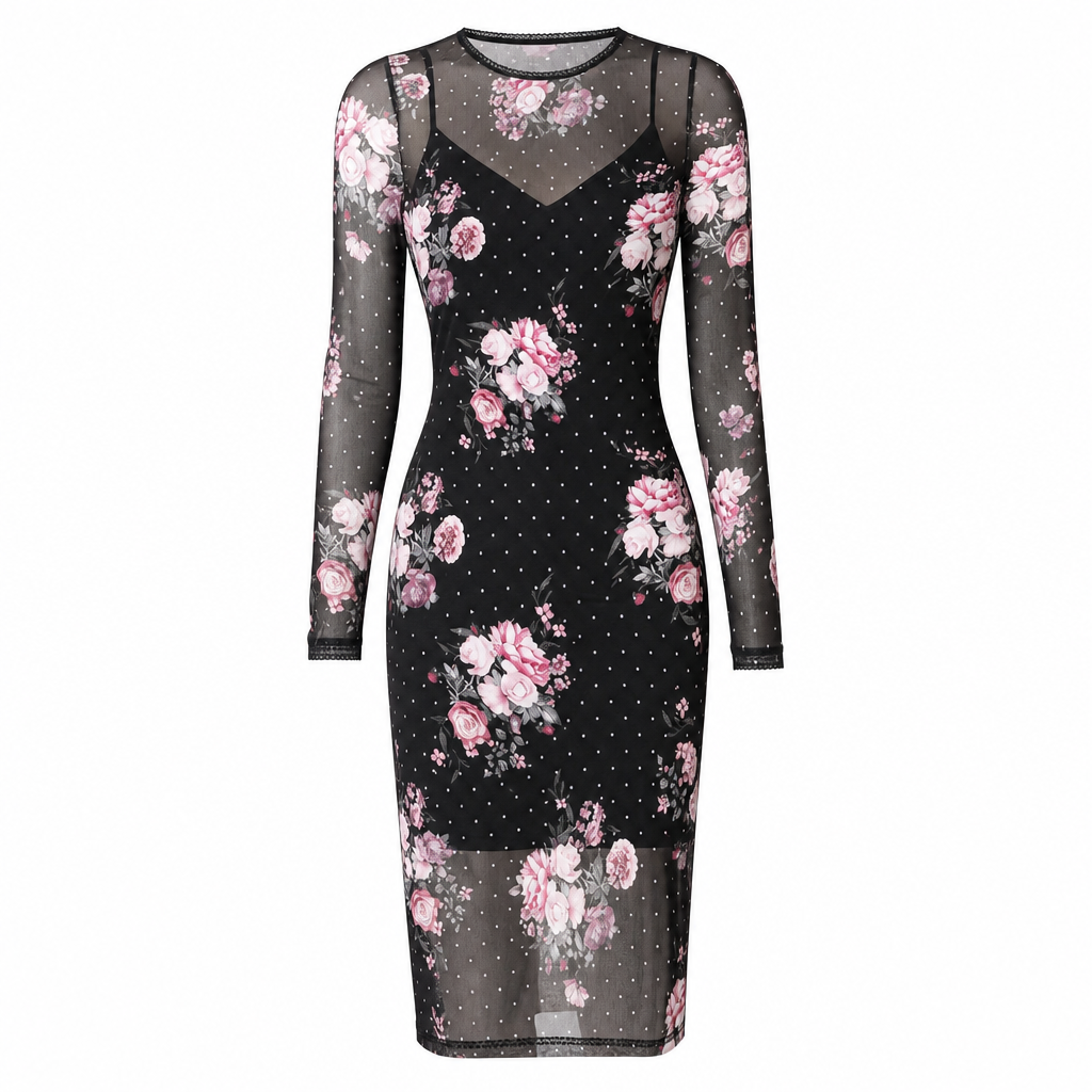 🔥Beliebtes Produkt ！✨2-Teiler Damen Kleid Set mit langärmligem, meshartigem und kettenbedrucktem Bodycon Midikleid und Unterkleid