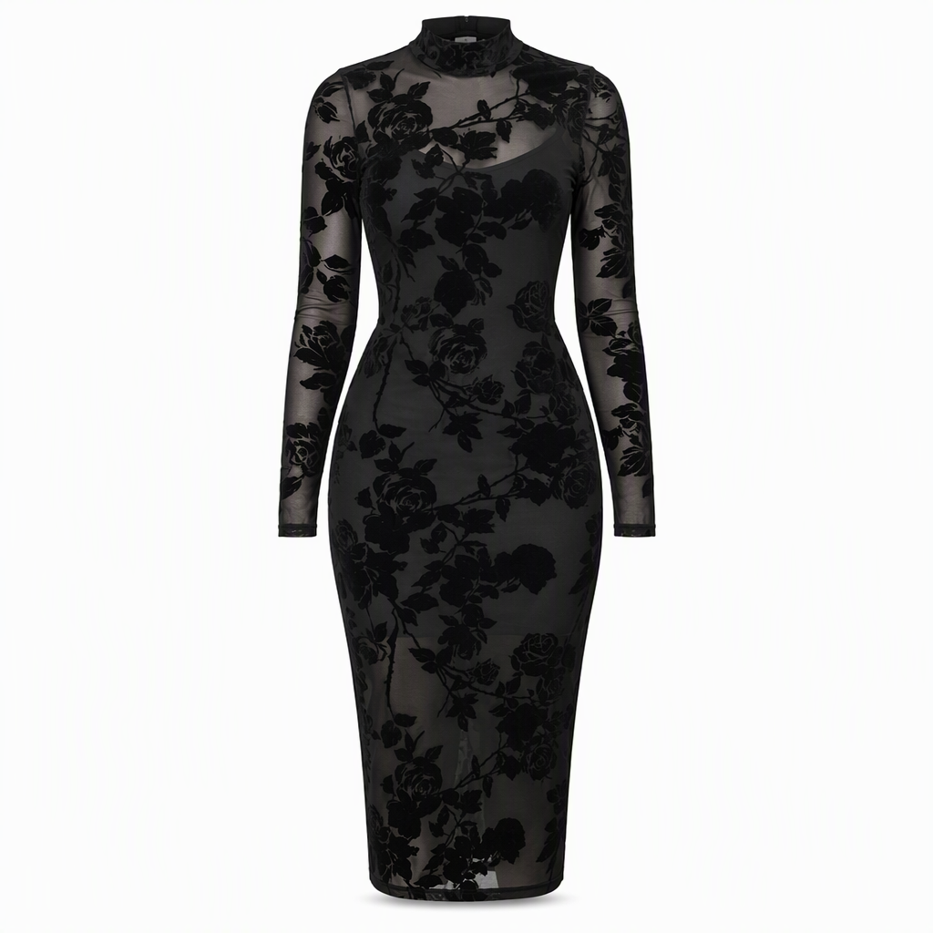 🔥Beliebtes Produkt ！✨2-Teiler Damen Kleid Set mit langärmligem, meshartigem und kettenbedrucktem Bodycon Midikleid und Unterkleid