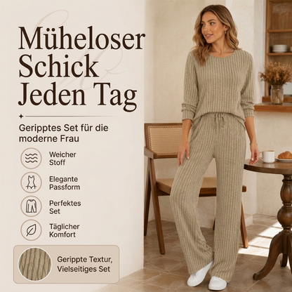 🎯 Einfach halber Preis – keine Spiele! Geripptes Oberteil mit geraden Hosen für Damen, Set
