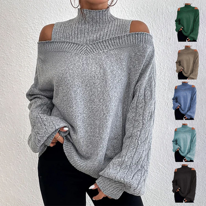 🧧 Aktionspreis = halber Preis – ein Schnäppchen! Damen-Strickpullover mit hohem Kragen und Carmen-Ausschnitt