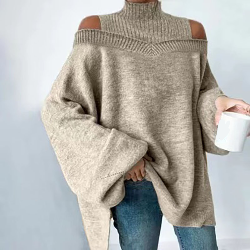 🧧 Aktionspreis = halber Preis – ein Schnäppchen! Damen-Strickpullover mit hohem Kragen und Carmen-Ausschnitt
