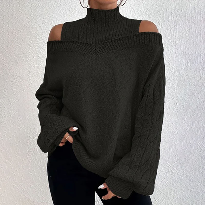 🧧 Aktionspreis = halber Preis – ein Schnäppchen! Damen-Strickpullover mit hohem Kragen und Carmen-Ausschnitt