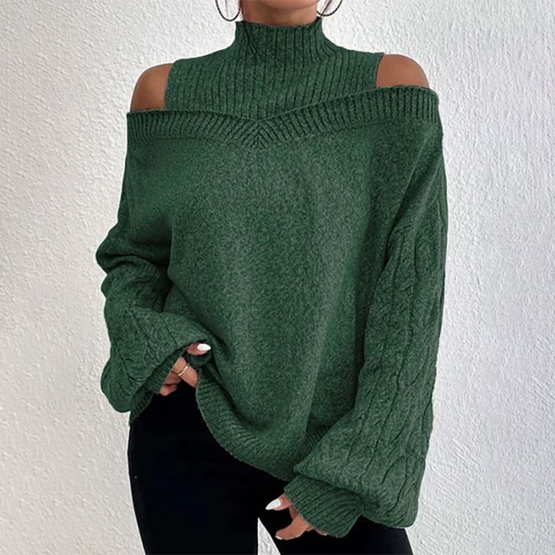 🧧 Aktionspreis = halber Preis – ein Schnäppchen! Damen-Strickpullover mit hohem Kragen und Carmen-Ausschnitt