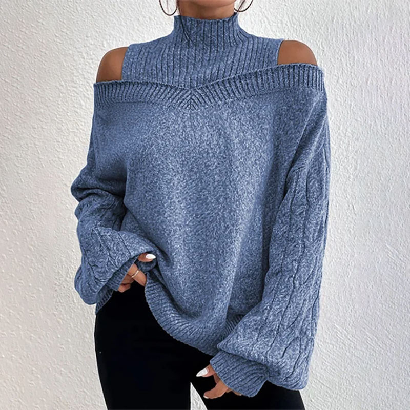 🧧 Aktionspreis = halber Preis – ein Schnäppchen! Damen-Strickpullover mit hohem Kragen und Carmen-Ausschnitt