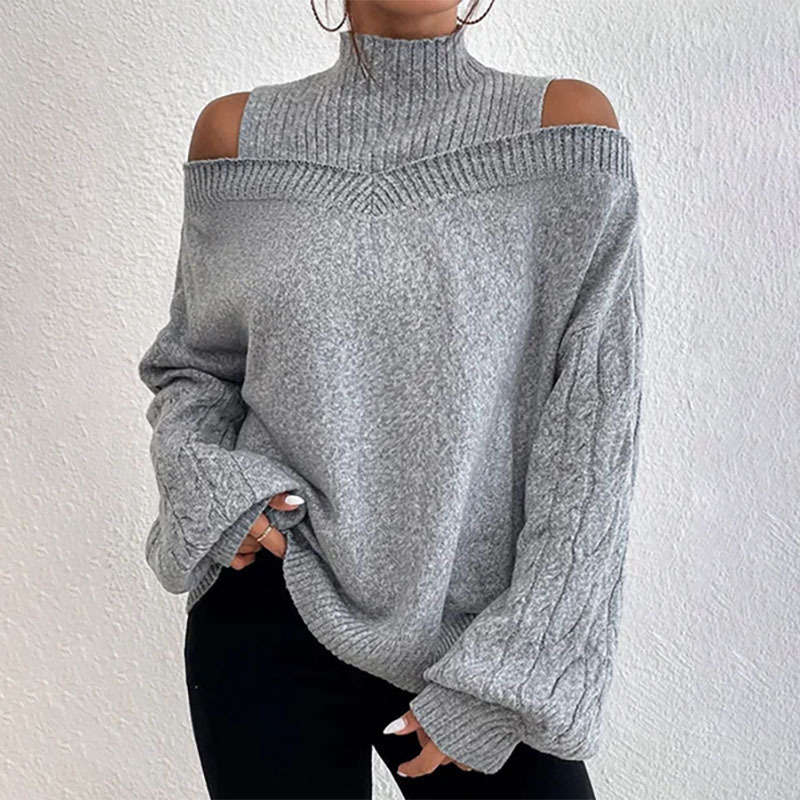 🧧 Aktionspreis = halber Preis – ein Schnäppchen! Damen-Strickpullover mit hohem Kragen und Carmen-Ausschnitt