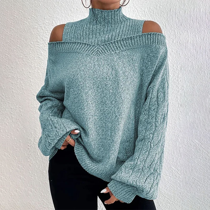 🧧 Aktionspreis = halber Preis – ein Schnäppchen! Damen-Strickpullover mit hohem Kragen und Carmen-Ausschnitt