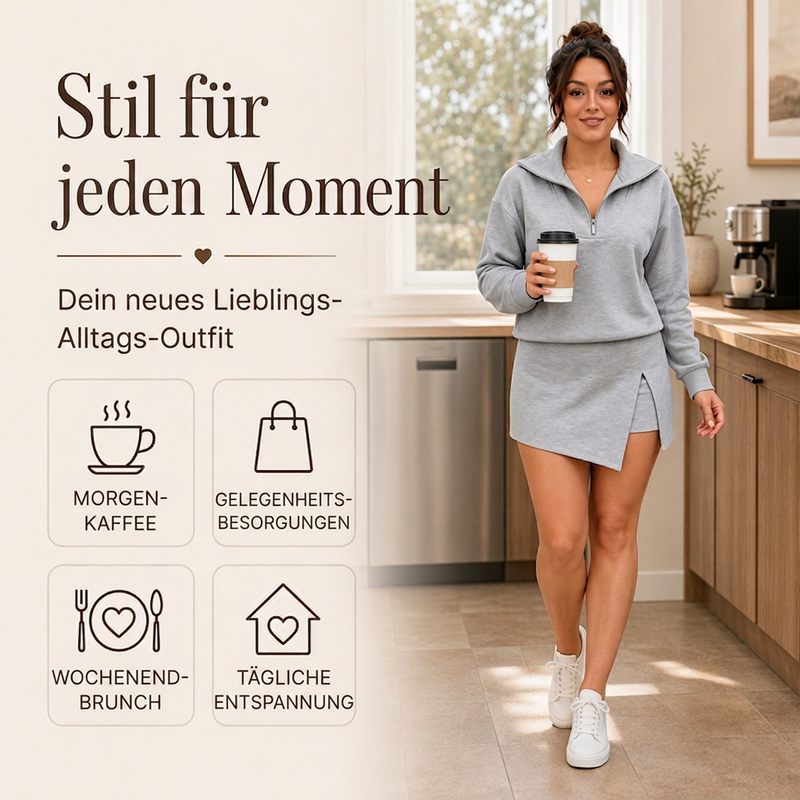 🎪 Neuheiten-Launch + 50% = doppelte Überraschung! Damen-Set mit halbem Reißverschluss-Pullover und asymmetrischem Wickel-Skort