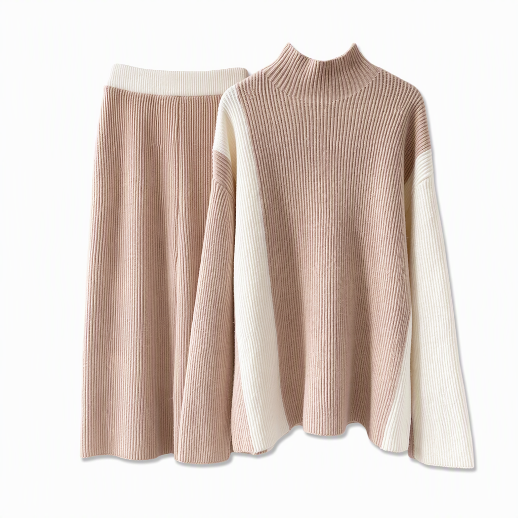 📢📢50%Rabatt!!!🎉✨Herbst-Winter Farbblock Strick Zweiteiler Damen – Verdickter Pullover und Rock