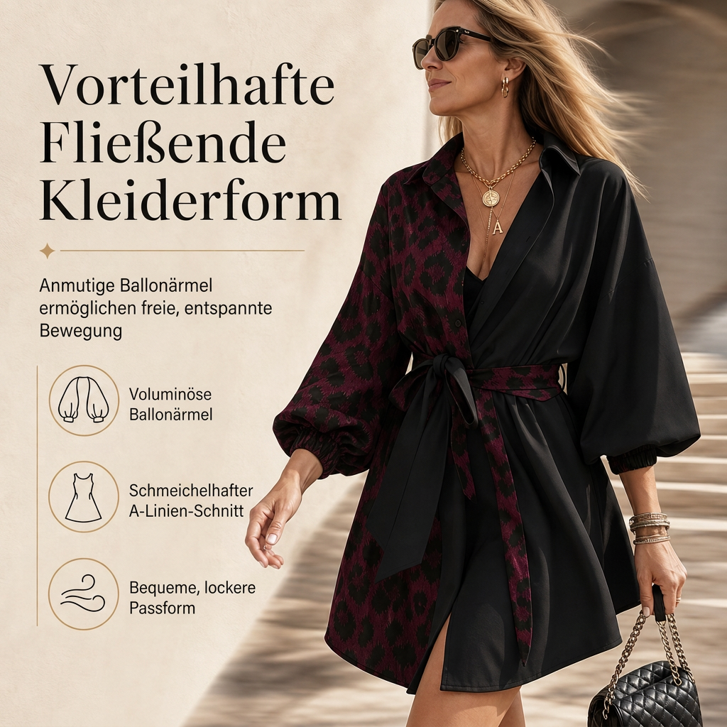 📢📢50%Rabatt!!!🎉✨Damen Leopardenmuster Kontrast-Patchwork Langarmhemd Minikleid mit Gürtel